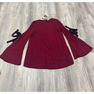 DUAL NATURE Womens Burgundy Long Sleeve Tie Detail Ruched Sleeve Top Size M
